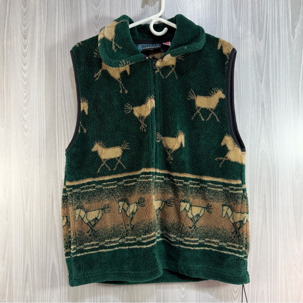 Vintage Native Horse Vest Fleece Zip Front Pockets USA Made Cabin Core Outdoor L